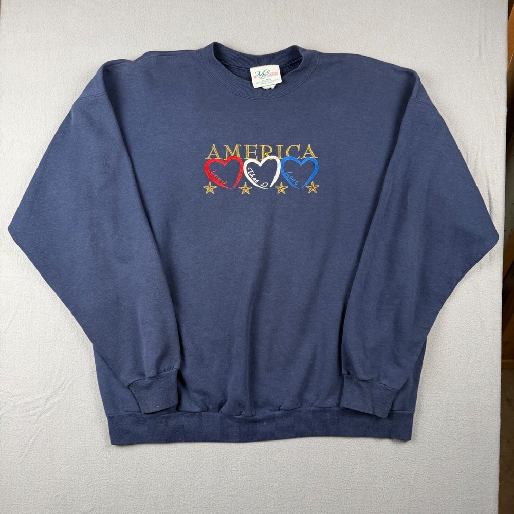 Vintage MC Energy Sportswear America Hearts Sweatshirt Mens XL Navy Pullover